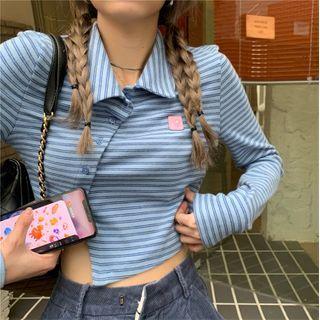 Long-sleeve Striped Collared Asymmetrical Crop Top