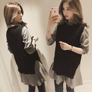 Set: Long-sleeve Shirt Dress + Split Hem Knit Vest