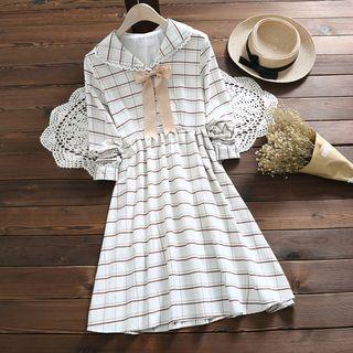 Plaid Ribbon Accent Long-sleeve Dress