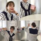 Long Sleeve Inset Scarf Striped Top White , Blue - One Size