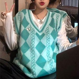 Argyle Loose-fit Knit Vest / Long-sleeve Plain T-shirt