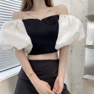 Off-shoulder Two-tone Puff-sleeve Top Black - One Size