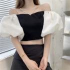 Off-shoulder Two-tone Puff-sleeve Top Black - One Size
