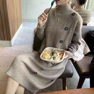 Mock-turtleneck Buttoned Knit Dress
