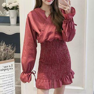 Plaid Long-sleeve Smocked Mini Dress