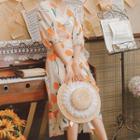 Balloon-sleeve Floral Print Ruffed A-line Dress