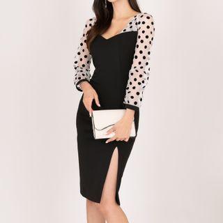 Long-sleeve Dotted Slit Sheath Dress