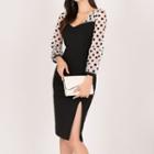 Long-sleeve Dotted Slit Sheath Dress