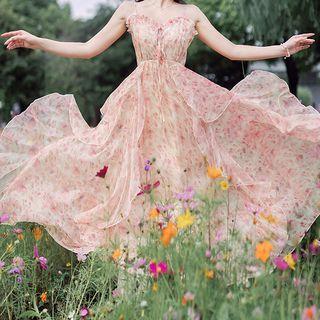 Set: Spaghetti Strap Floral Maxi A-line Dress + Lace Jacket