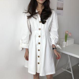 Long-sleeve V-neck A-line Dress White - One Size