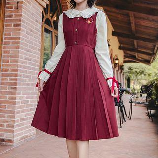 Cat Embroidered Pleated Tank Dress