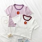 Flower-embroidered Contrasted T-shirt