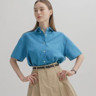 Colored Elbow-sleeve Linen Shirt