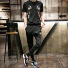 Set: Floral Embroidered Short-sleeve T-shirt + Sweatpants