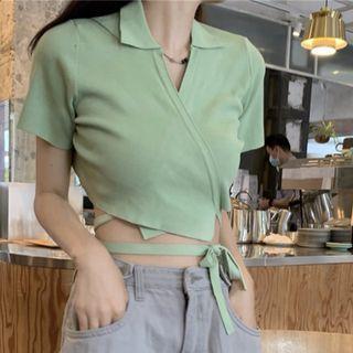 V-neck Lace-up Cropped Knit Top