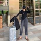 Long-sleeve Asymmetrical T-shirt / Washed Jeans