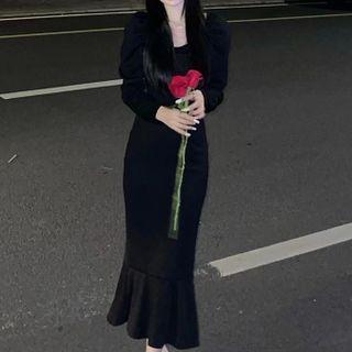 Long-sleeve Square-neck Mermaid Midi Sheath Dress