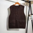 Round-neck Loose-fit Double-breasted Knit Vest Coffee - One Size