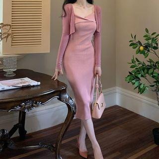 Set: Spaghetti Strap Knit Midi Sheath Dress + Cropped Cardigan