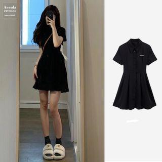 Bow Short-sleeve Polo Collar Cutout Mini A-line Dress