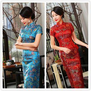 Short Sleeve Jacquard Midi Qipao