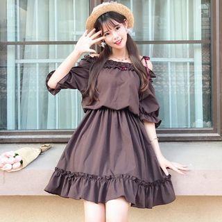 Cold-shoulder Mini A-line Dress Brown - One Size
