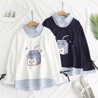 Bear Printed Drawstring Mock Two Piece Long-sleeve Top