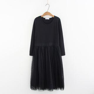 Long-sleeve Sheer Overlay Midi Knit Dress