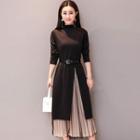 Two Tone Mock Neck Pleated Dress
