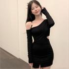 Asymmetrical Cold-shoulder Cutout Sheath Dress Black - One Size