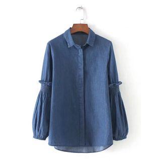 Frill Trim Long-sleeve Denim Blouse