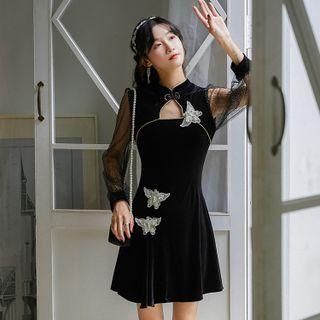 Long-sleeve Butterfly Applique Velvet Mini A-line Dress