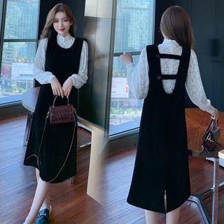 Long-sleeve Lace Blouse / Plain Midi A-line Overall Dress / Set