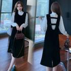 Long-sleeve Lace Blouse / Plain Midi A-line Overall Dress / Set
