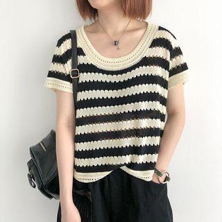 Short Sleeve Striped Eyelet Knit Top Almond & Black - One Size