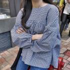Puff-sleeve Gingham Empire Blouse