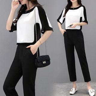Set: Short-sleeve Two-tone Top + Cropped Pants