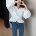 Ruffled Collared Balloon-sleeve Blouse / Cable Knit Cardigan