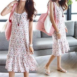 Spaghetti-strap Ruffled Floral Dress White - One Size