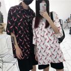 Elbow-sleeve Flamingo Print T-shirt