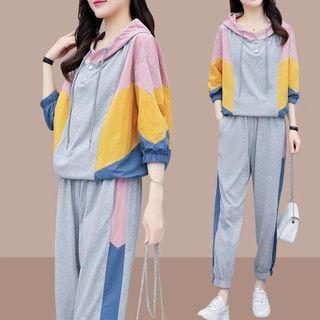 Set: Color Block Hoodie + Straight-leg Sweatpants
