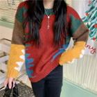 Set: Print Sweater + Beanie With Beanie - Green & Red & Blue - One Size