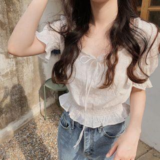Short-sleeve Tie-neck Crochet Blouse