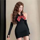 Set: Halter-neck Plaid Bow Polo Bodycon Dress + Arm Sleeves Black - One Size