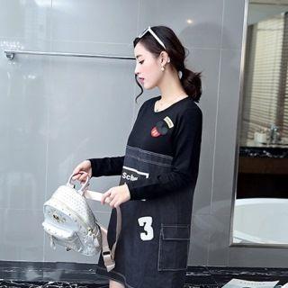Long-sleeve Paneled Applique Denim Dress