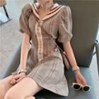 Shorts-sleeve Sailor Collar Plaid Dress