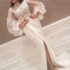 Puff-sleeve High Neck Lace Bodycon Wedding Gown