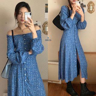 Long-sleeve Floral Print Midi A-line Dress Blue - One Size