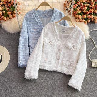 V-neck Gingham Tweed Blazer