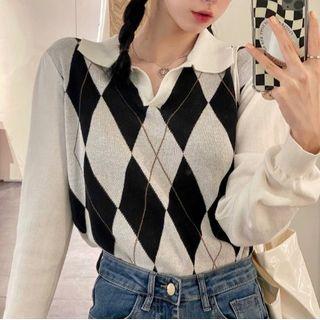 Argyle Collared Sweater Black & Light Gray - One Size